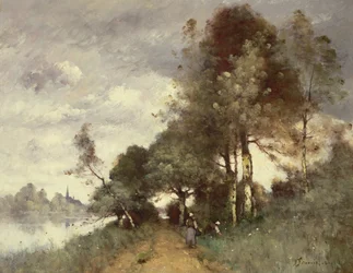Boeren verzamelen bloemen langs een rivier